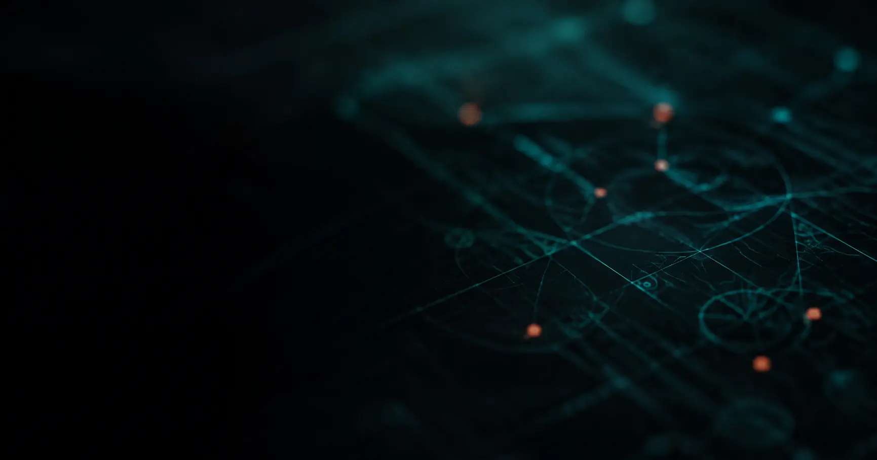 Teal and coral nodes connected across a blueprint grid.