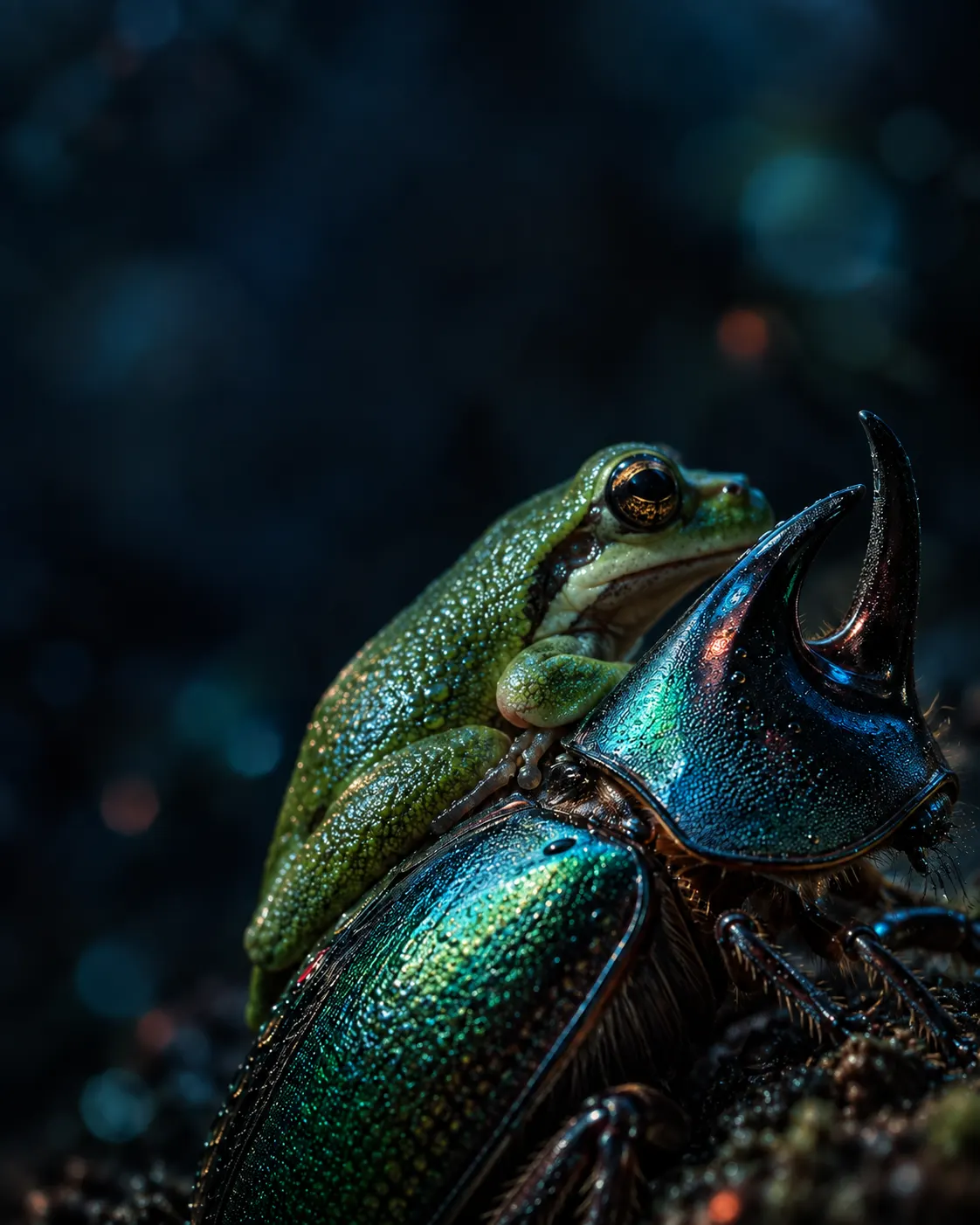 A beetle and frog together in a teal macro photograph